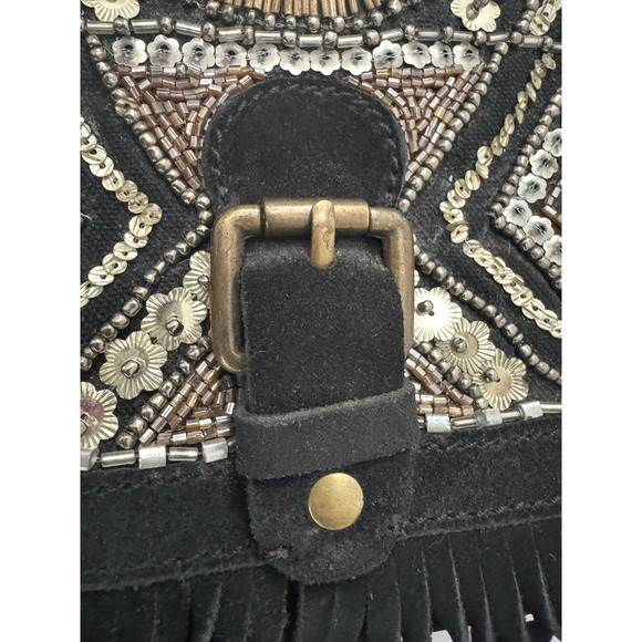 Big Buddha Shoulder Crossbody Bag Black Suede Fringe Gold Beaded Bohemian - NWT - Picture 7 of 14